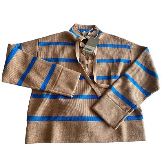 Everlane The Lace-Up Smock Sweater in Chestnut/Blue Stripes size M nwt - Picture 2 of 7